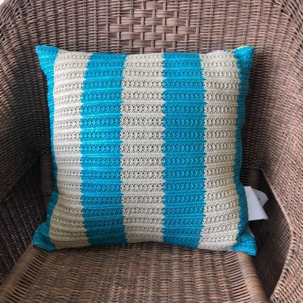 STRATFORD Outdoor Paisley White Blue Stripe Raffia Weatherproof Pillow